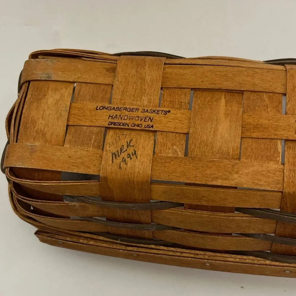 Longaberger Brown 2 Leather Handles Plastic Protector Breadstick Basket‎